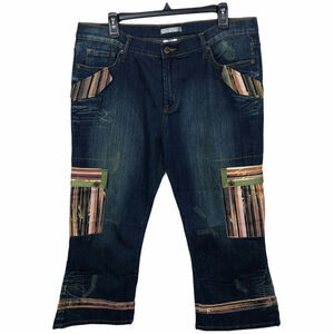 NEW ALBERTO MAKALI Dark Wash Cropped Jeans Striped Cargo Pockets & Trim Sz 14